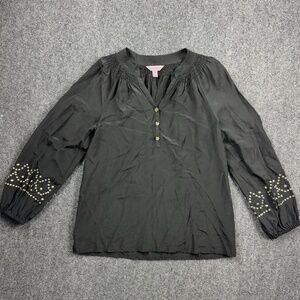 Lilly Pulitzer Elsa Silk Studded Top XS Black Gold Smocked Long Sleeve Boho